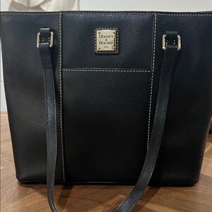 Dooney & Bourke Black Leather Tote with Gold Logo Plaque